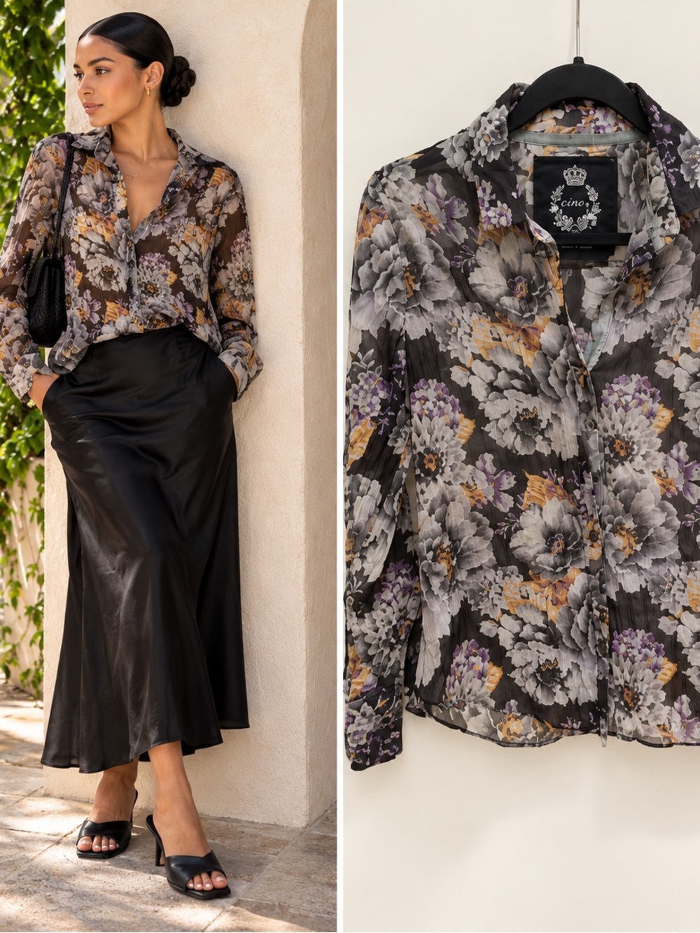 CINO Floral Crinkle Cotton Voile Sheer Button Down Blouse XS Boho Resortwear.